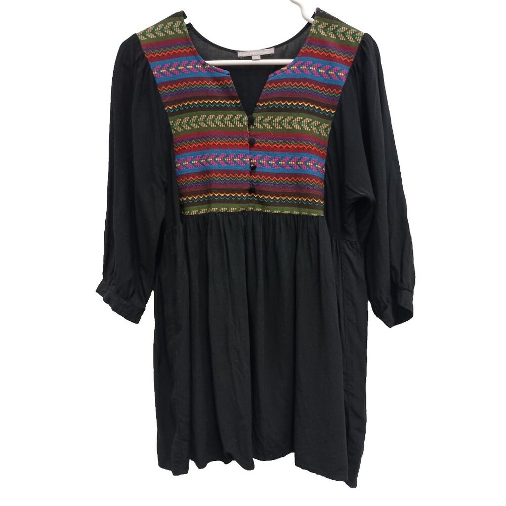 Purple Snow Womens Tunic Top Medium Black Embroidered BOHO Peasant 3/4 Sleeve